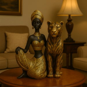 Throne of the Wild – African Queen & Panther Statue | Regal Home Decor by Leafy Luxe